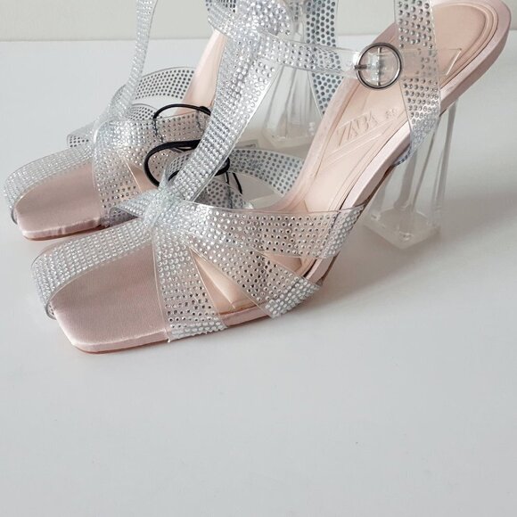 NWT Zara transparent rhinestone embellished vinyl heeled cage strappy sandals - Picture 10 of 12